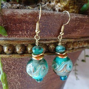Handcrafted aqua and gold Murano earrings